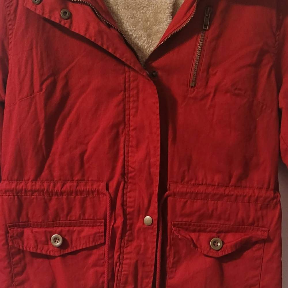 C’est Toi Red Hooded Jacket Sherpa Lined | Women’s Size L Cozy Winter - Picture 2 of 6